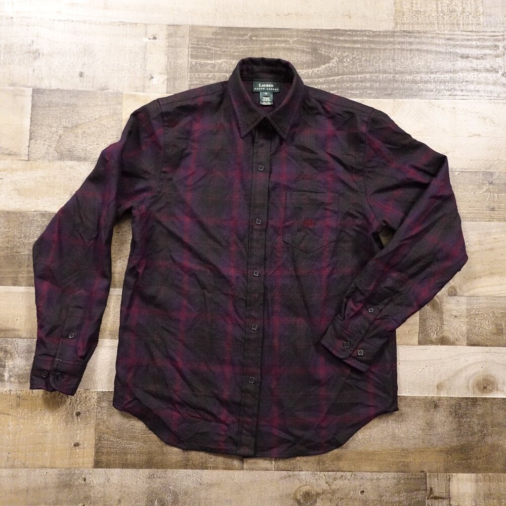 Lauren Ralph Lauren Plaid Wool Shirt Men’s Medium Burgundy Black Button Down